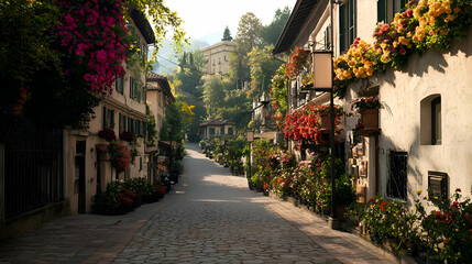 Fototapeta premium Picturesque Cobblestone Street with Colorful Flower Boxes and Historic Buildings