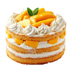 A delectable layered cake featuring whipped cream and fresh mango slices atop a fluffy sponge base.