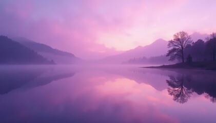 Gentle purple mist over a tranquil lake at dawn, light purple mist, natural scenery
