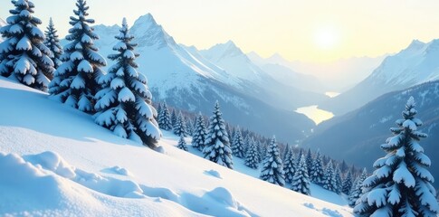 Obraz premium Gentle powder settles on mountain slope tree tops snow drifts, snowfall, gentle settling