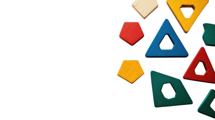Colorful wooden shapes arranged on a white background depicting various geometric figures during playtime or educational activity