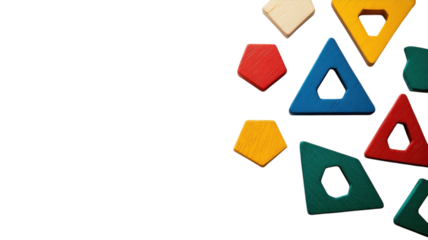 Colorful wooden shapes arranged on a white background depicting various geometric figures during playtime or educational activity