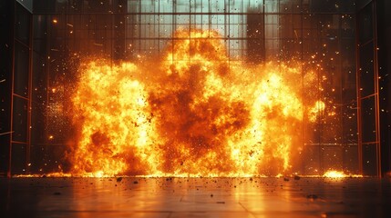 Fototapeta premium Intense indoor explosion with dramatic flames and sparks in a modern glass structure