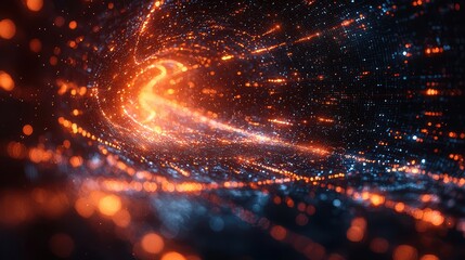 Abstract vortex of glowing orange and blue light particles in motion