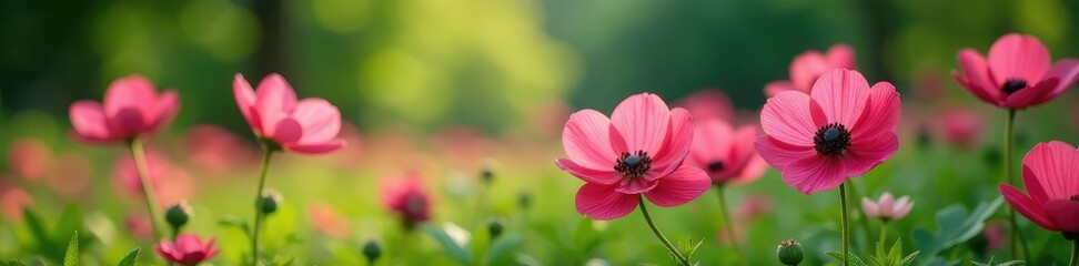 Obraz premium Maroon and pink anemones in a lush, green environment, flower field, nature, flowers