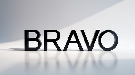 Black typography of the word Bravo with shadows on a light surface