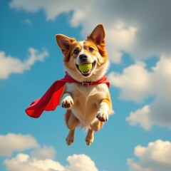 A joyful, energetic dog wearing a vibrant red superhero cape soars through the sky with a bright green ball in its mouth.