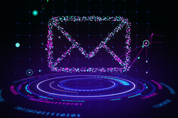 Futuristic digital email icon made of glowing pixels in cyberspace. 3D Rendering