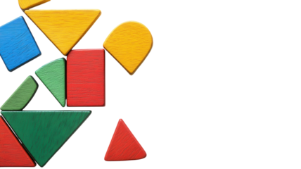 Colorful wooden geometric shapes arranged creatively on a white background for engaging play and learning