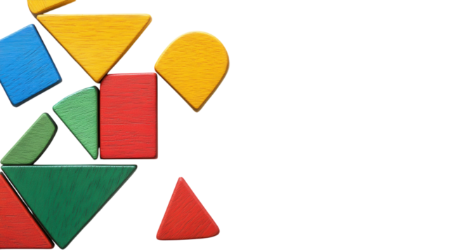 Colorful wooden geometric shapes arranged creatively on a white background for engaging play and learning
