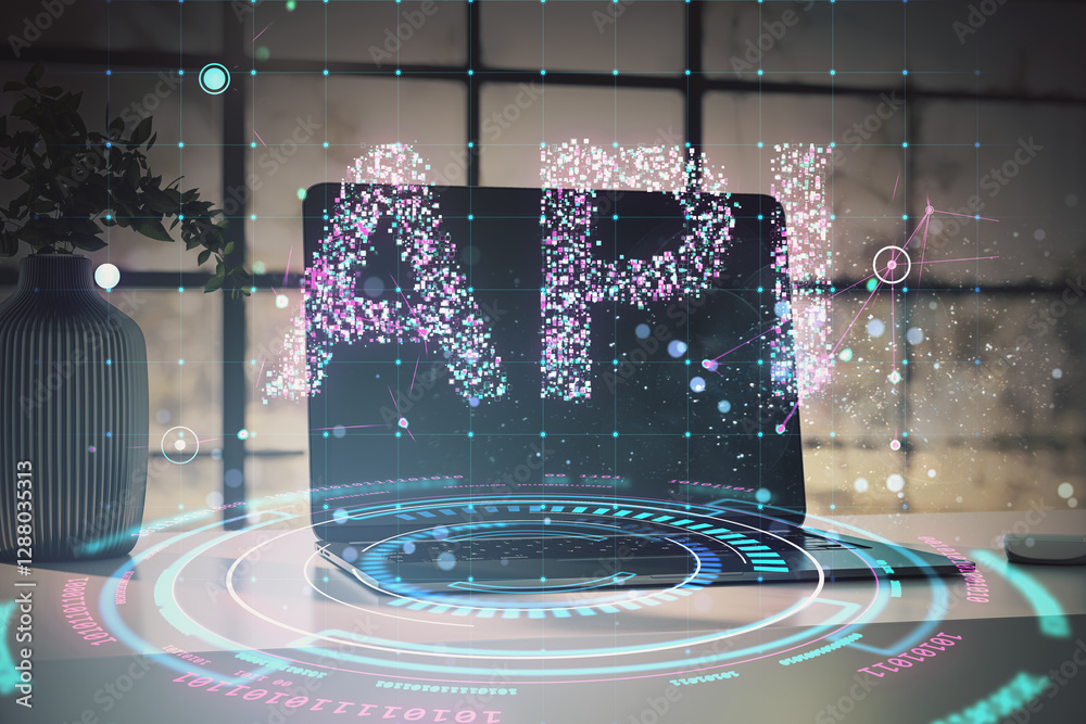 Poster api technology concept with holographic elements on a laptop screen in a modern office environment.