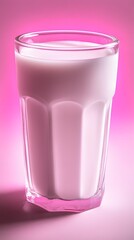 A glass of pink milk sits on a pink background