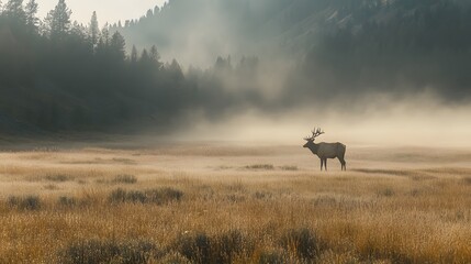 Fototapeta premium Lone horse in misty meadow, serene atmosphere with tall grass and blurred forest backdrop, evokes tranquility and nature's beauty.