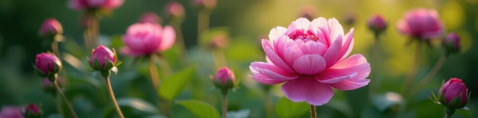 Fototapeta premium Close-up of pink peony and rose stems amidst foliage , botanical, flowers
