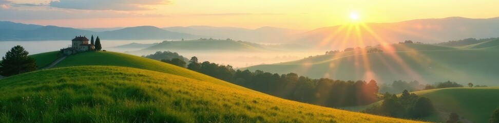 Obraz premium Rolling hills of Val d Orcia bathed in soft morning light, vald'orca, misty, rolling hills