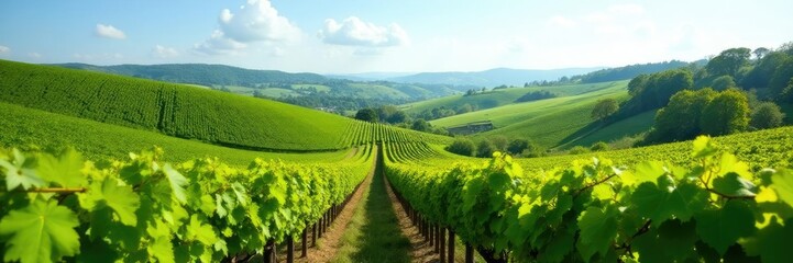 Rolling hills of vineyards with rows of grapevines swaying gently, natural scenery, countryside, wind