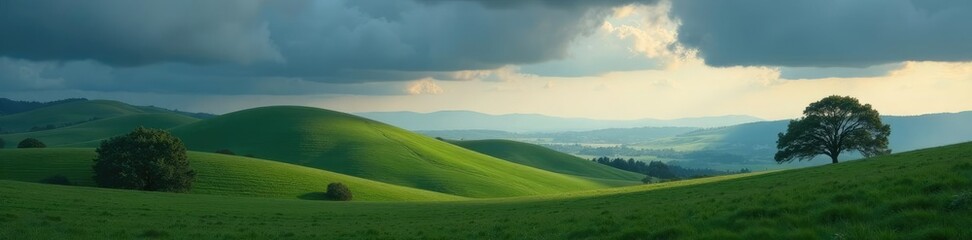 Obraz premium Rolling hills with trees against a vast plateau under a dark and cloudy sky, hills, serene
