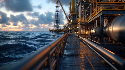 Industrial Oil Rig at Dusk Surrounded by Waves and Machinery in the Energy Sector with Technology Infrastructure