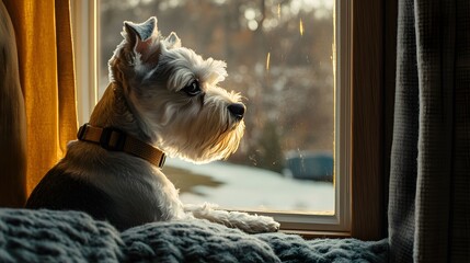 Thoughtful dog gazing out window, small fluffy white dog with expressive eyes enjoying a sunny day, peaceful atmosphere.
