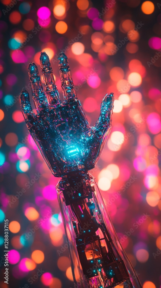 Aufkleber transparent robotic hand with colorful bokeh lights in background, futuristic technology. innovation