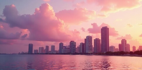 Fototapeta premium Soft pink and peach tones on Miami's skyline at sunset, soft pink, soft colors