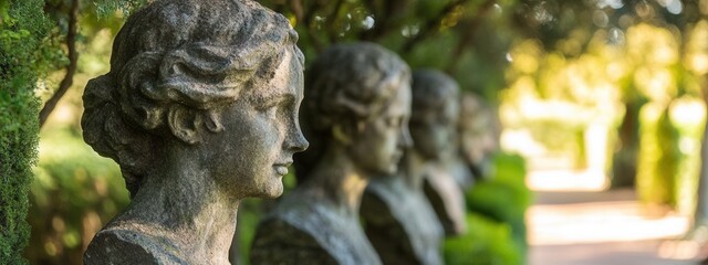 Obraz premium Elegant Stone Busts in Lush Garden Pathway Surrounded by Greenery and Sunlight