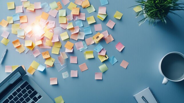 Colorful sticky notes scattered on blue desk with laptop and coffee cup