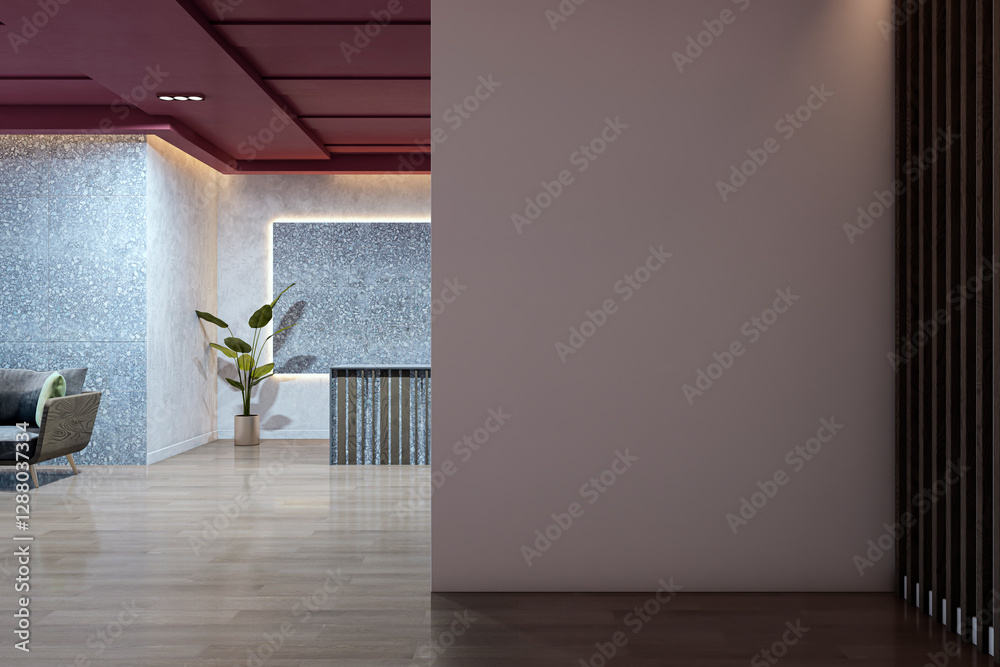 Poster modern reception lobby interior with blank wall for mockup. 3d rendering