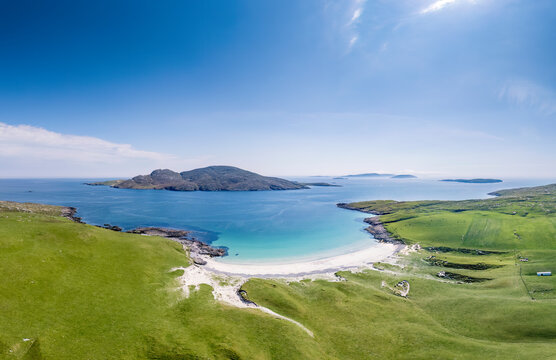 Aerial view of Bagh A'Deas beach on the Isle of Vatersay, Scotland