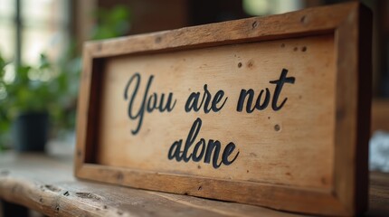 You are not alone text on brown wooden frame, soft focus background, rustic cozy vibe, ideal for inspiration or home decor.