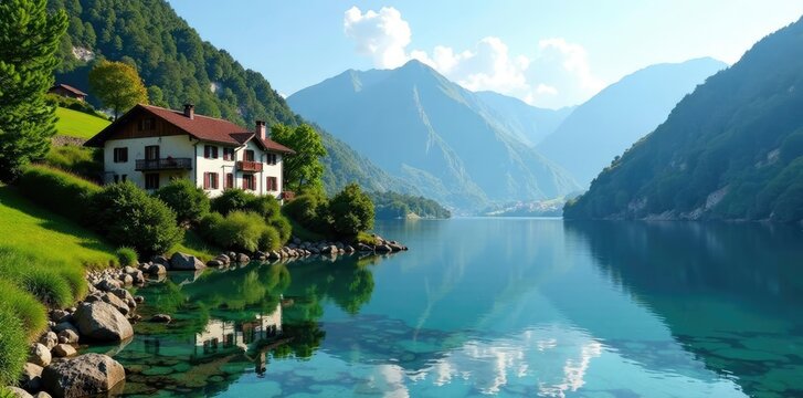 Villa sulla riva del lago con acqua specchiata, paesaggio, montagne