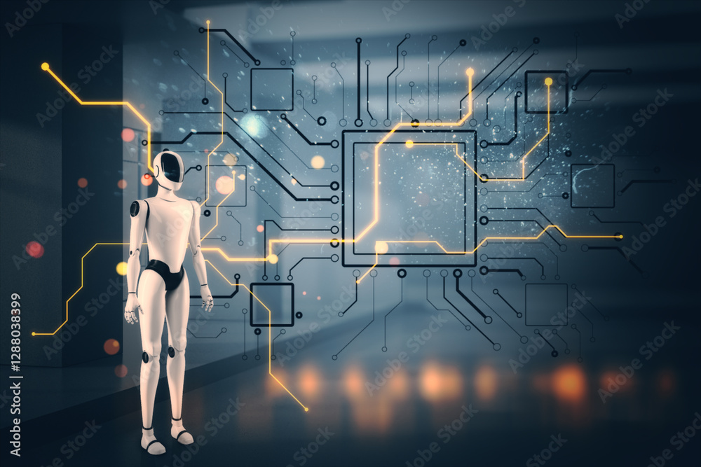 Poster futuristic humanoid robot with glowing circuit board connections in a modern high-tech environment. 