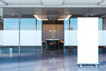 Modern office meeting room with glass walls and a blank roll-up banner stand at the entrance. 3D Rendering