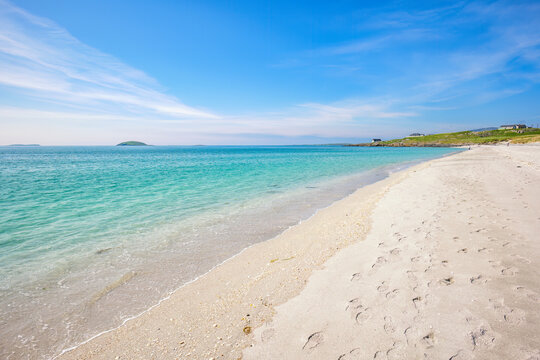 Bonnie Prince Charlie's beach on the Isle of Eriskay in Scotland with turquoise sea and sandy shore
