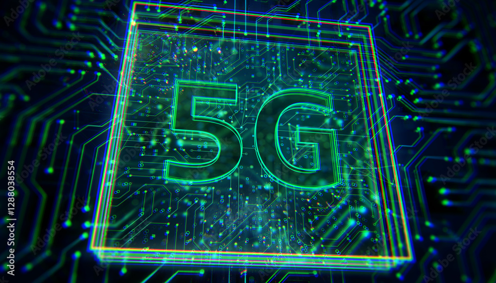 Poster Futuristic 5G digital circuit board with glowing neon green lines and data connections on dark background. High-speed wireless network concept. 3D Rendering