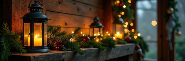 Vintage lanterns and greenery adorn a wooden mantle, rustic christmas, merry