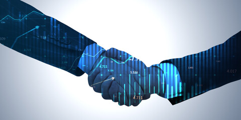 Business handshake with financial graphs overlay on a light background.