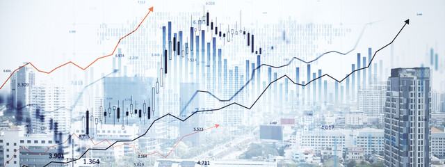 Real estate market growth concept with financial chart and upward trend over modern cityscape.