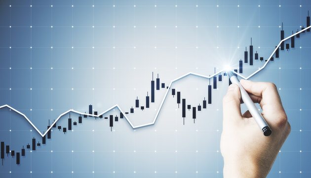 Hand drawing financial stock market chart with rising trend on blue background.