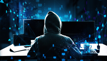 Hacker in hoodie sitting at desk using computer, surrounded by digital network icons and social media symbols in dark background.