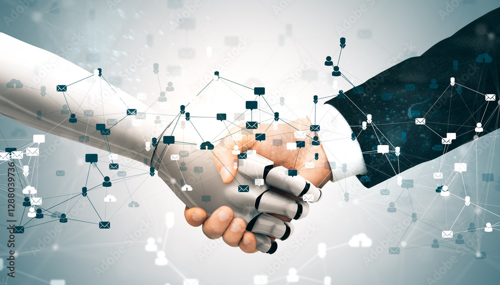 Poster Handshake between robot and businessman with digital network.