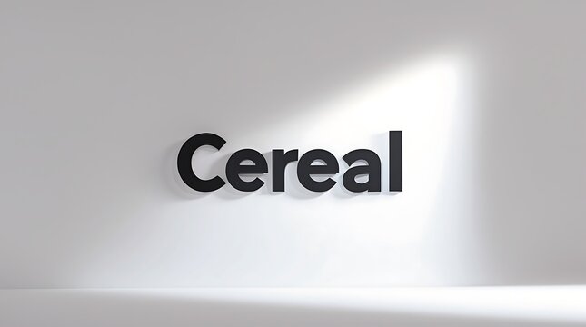 Large black typography spelling Cereal on a plain wall with soft lighting