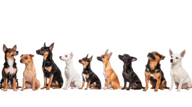 Multiple dogs of different breeds sitting in a row with attentive expressions against a white background