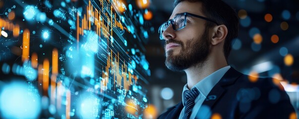 Caucasian male analyzing futuristic data visualizations in business attire