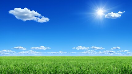 Naklejka premium Bright Sunny Day Landscape with Lush Green Field and Blue Sky