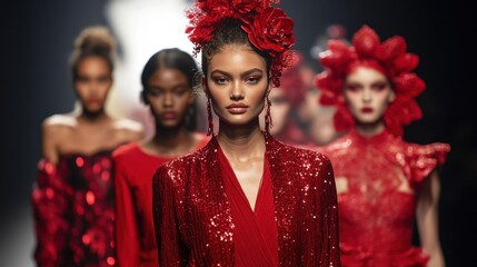 Elegant fashion show with diverse female models in stunning red dresses