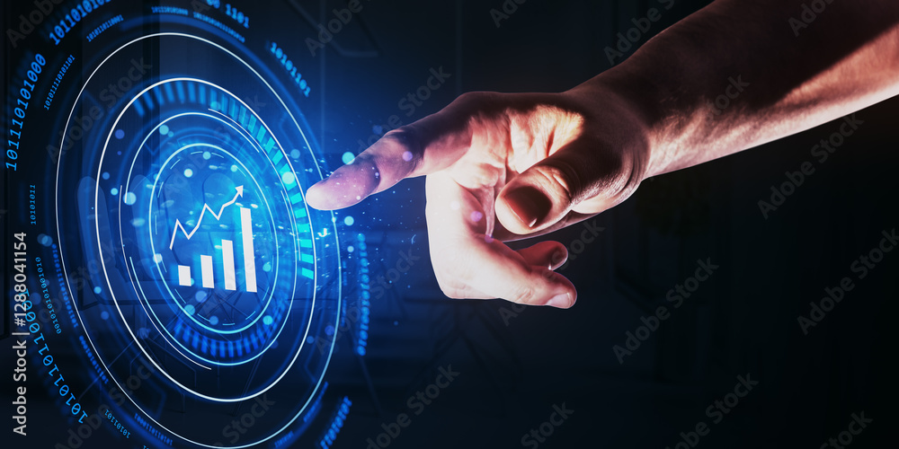 Poster hand interacting with futuristic financial chart interface.