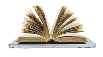 Open book resting on a laptop signifies the blend of traditional and digital learning methods in modern education