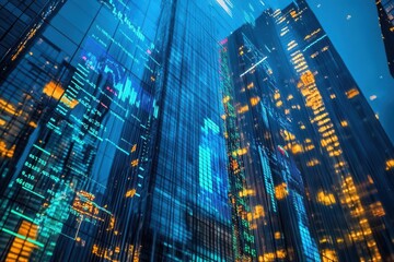 modern glass skyscraper facade reflecting stock market data projections in neon blue and green holograms