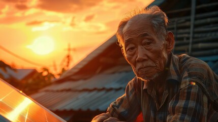 Old Thai people install solar cells on the roof Male engineer quality control solar panel industry telephoto lens realistic bright-dark contrast lighting